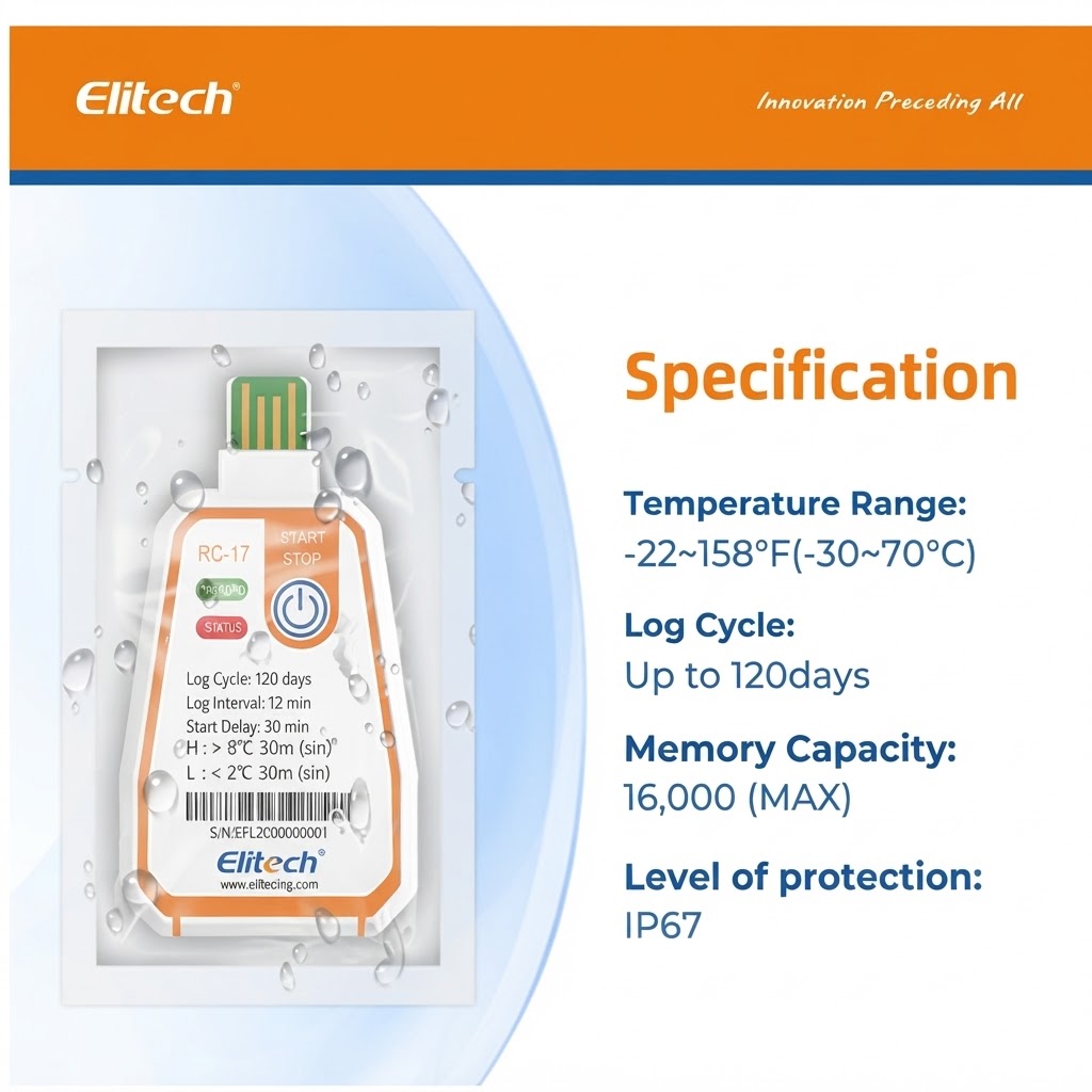 TERMOMETRO DIGITAL Tipo DATA LOGGE, 1 PANT °C/ °F Min/Máx PORTATIL/DESECHABLE P/TRANSPORTE VIAJE C/CERTIFICADO, ELITECH RC-17 Cod: EQ-TERHIG3000 ELITECH/USA, Mod GLO 5 - Imagen 3