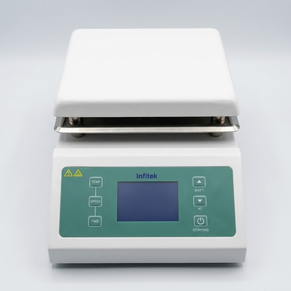 PLANCHA DE CALENTAMIENTO C/AGITACION 19 X 19 cm. DIGITAL TOPE CERAMICA, Cap 5 Lit Agua C/TERMCUPL. y TIMER, COD: EQ-PLANCH74010 INFITEK #HPS-350-4S